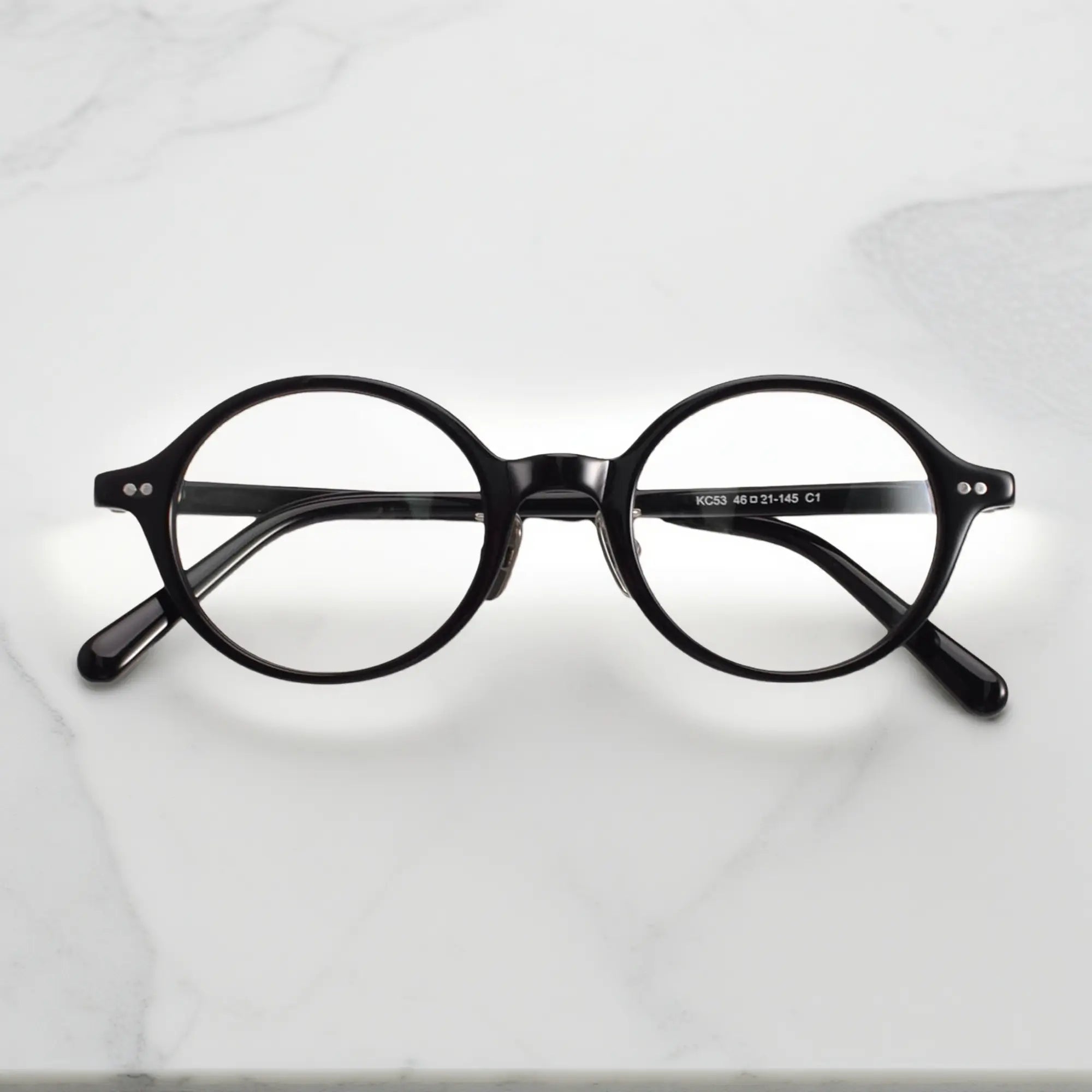 VoyueLens Classic Round Black TR90 Eyeglasses front view with dimensions